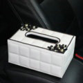 Crystal Daisy Flower Leather Small Car Tissue Paper Box Holder Case Interior Accessories - White