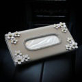 Crystal Flower Leather Car Tissue Paper Box Holder Case Vehicle Interior Accessories - Beige