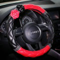 Diamond Camellia Flower Pu Leather Vehicle Steering Wheel Covers 15 inch 38CM - Red Black