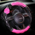Diamond Camellia Flower Pu Leather Vehicle Steering Wheel Covers 15 inch 38CM - Rose Black