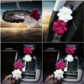 Gorgeous Flower Crystal Leather Rearview Mirror Cover Handbrake and Gear Cover 5pcs Sets - Black