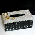 Luxury Crystal Car Tissue Paper Box Case Creative Flower Leather Household Tissue Box - Black