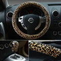 Universal Plush Leopard Car Steering Wheel Covers Gear & Hand brake Cover 3pcs Set - Brown