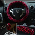 Universal Plush Leopard Car Steering Wheel Covers Gear & Hand brake Cover 3pcs Set - Rose