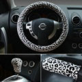 Universal Plush Leopard Car Steering Wheel Covers Gear & Hand brake Cover 3pcs Set - White