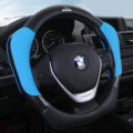 With Logo Sports Grip Auto Steering Wheel Covers Genuine Leather 15 inch 38CM - Blue Black