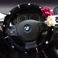 Top Crytsal Plush Car Steering Wheel Covers Pearl Flower for Women 15 inch 38CM - Black