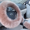 3pcs sets Winter Long Australian Wool Heated Fur Car Steering Wheel Handbrake Gear Shifter Cover - Camel