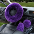 3pcs sets Winter Long Australian Wool Heated Fur Car Steering Wheel Handbrake Gear Shifter Cover - Purple