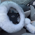 3pcs sets Winter Long Australian Wool Heated Fur Car Steering Wheel Handbrake Gear Shifter Cover - White