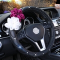 Beautiful Color Camellia Diamond Car Steering Wheel Covers Genuine Leather 15 Inch 38CM - Black