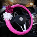Beautiful Color Camellia Diamond Car Steering Wheel Covers Genuine Leather 15 Inch 38CM - Pink