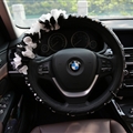 Gorgeous Camellia Diamond Car Steering Wheel Covers Genuine Leather 15 Inch 38CM - Black