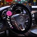 Top Crytsal Plush Car Steering Wheel Covers Diamond Flower for Women 15 inch 38CM - Black Pink