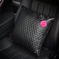 Rose Camellia Women Rhinestone Auto Seat Lumbar Pillows PU Leather Square Cushions 1pcs - Black