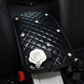 White Camellia Women Rhinestone Car Armrest Pad PU Leather Armrest Cushions 1pcs - Black