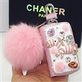 Luxurious Zebra Crystal Genuine Leather Auto Key Bags Pink Fur Ball Key Chain - Pink