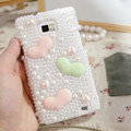 Hearts Bling Crystal Cases Pearls Covers for Samsung i9100 i9108 i9188 Galasy S2 SII - White
