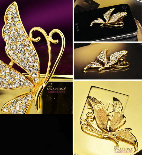 Bling 3D Butterfly Alloy Crystal Rhinestone DIY Phone Case Cover Deco Kit - Gold