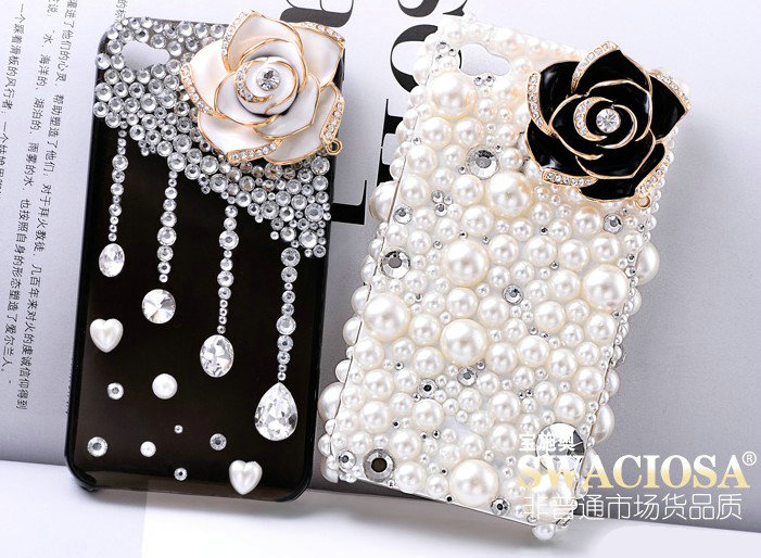 Bling 3D Camellia Flower Alloy Rhinestone Crystal DIY Phone Cover Case Deco Kit - Black