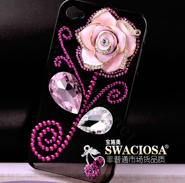 Bling 3D Camellia Flower Alloy Rhinestone Crystal DIY Phone Cover Case Deco Kit - Pink