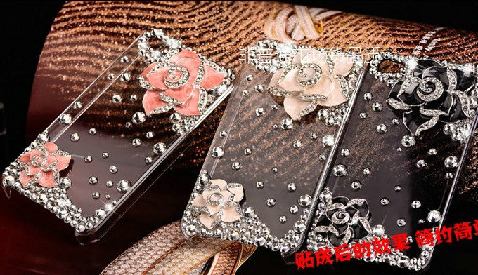 Bling Camellia Flower Alloy Rhinestone Crystal DIY Phone Cover Case Deco Kit - Black
