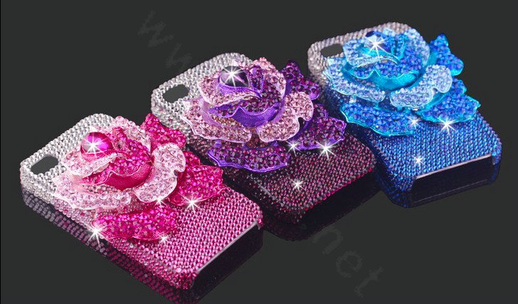 Bling Rose Flower Alloy Rhinestone Crystal DIY Phone Case Cover Deco Kit 75*80mm - Black
