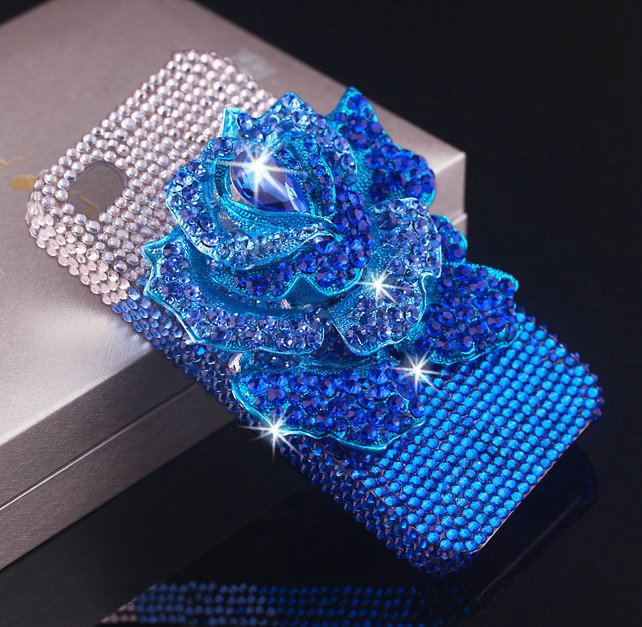 Bling Rose Flower Alloy Rhinestone Crystal DIY Phone Case Cover Deco Kit 75*80mm - Blue
