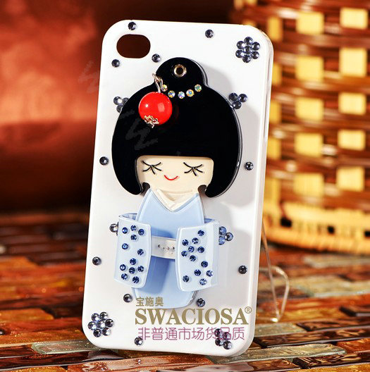 Bling Kimono doll Alloy Rhinestone DIY Phone Case Cover Deco Kit 90*45mm - Blue