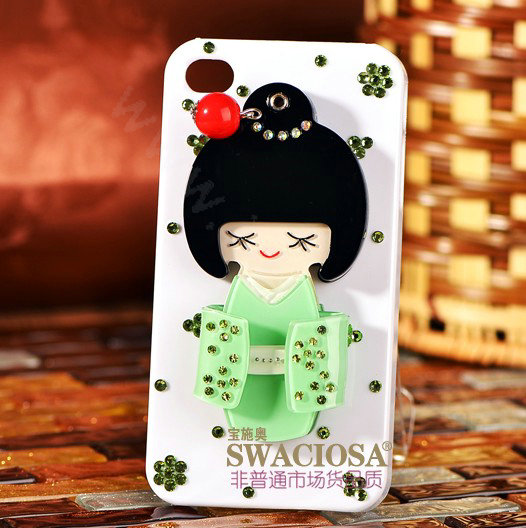 Bling Kimono doll Alloy Rhinestone DIY Phone Case Cover Deco Kit 90*45mm - Green