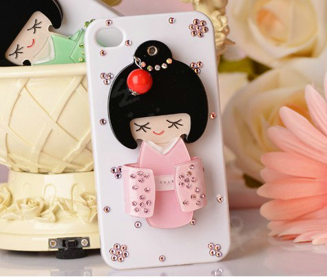 Bling Kimono doll Alloy Rhinestone DIY Phone Case Cover Deco Kit 90*45mm - Pink
