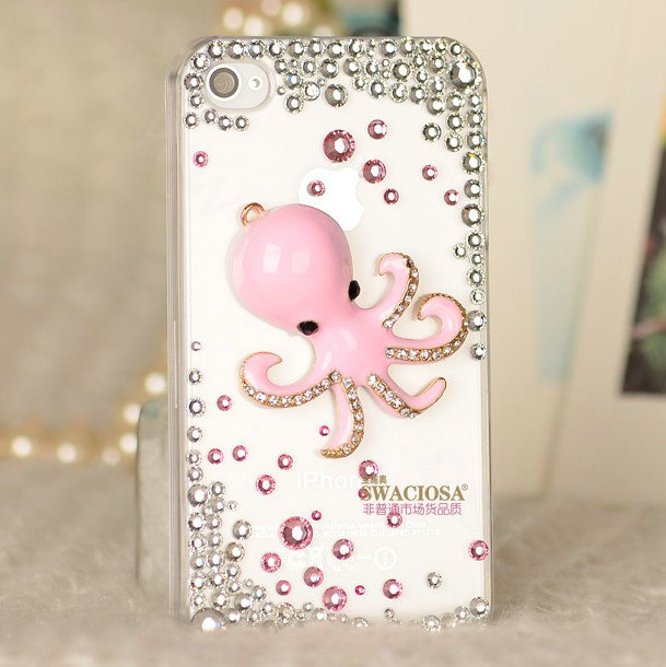 Bling Octopus Alloy Crystal Rhinestone DIY Phone Case Cover Deco Kit - Pink