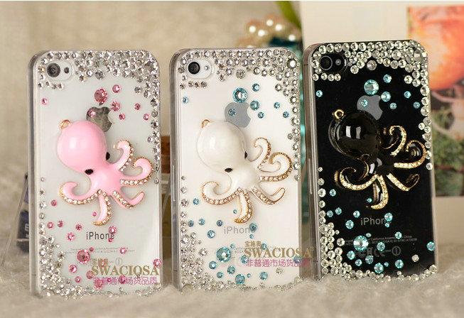 Bling Octopus Alloy Crystal Rhinestone DIY Phone Case Cover Deco Kit - Pink