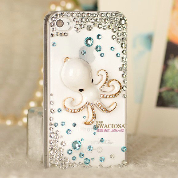 Bling Octopus Alloy Crystal Rhinestone DIY Phone Case Cover Deco Kit - White