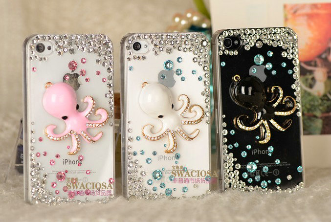 Bling Octopus Alloy Crystal Rhinestone DIY Phone Case Cover Deco Kit - White