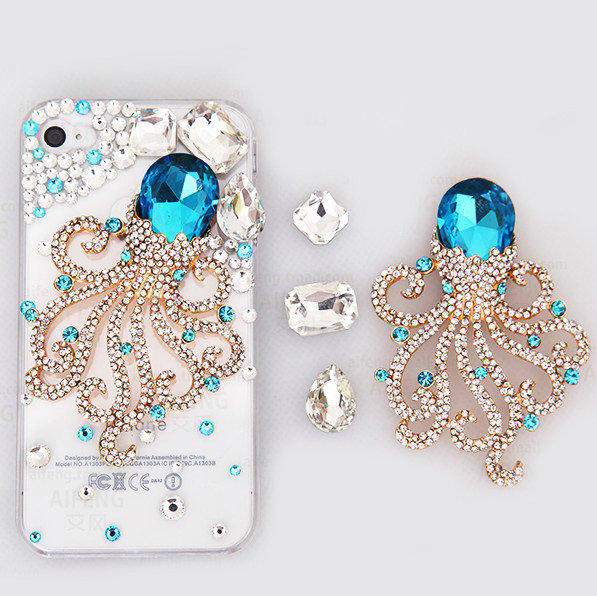 Bling Octopus Alloy Rhinestone Crystal DIY Phone Case Cover Deco Den Kit - Blue