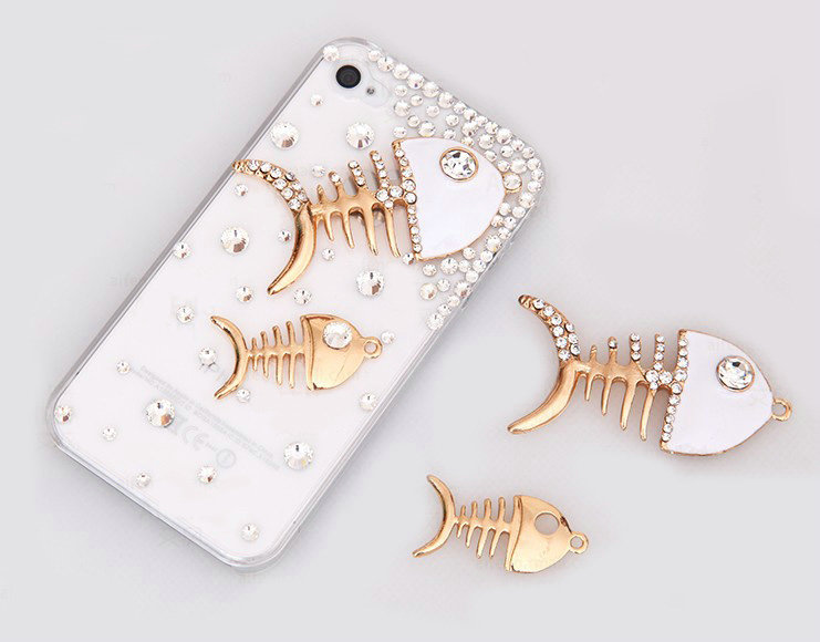 Alloy Fish bone Crystal Metal DIY Phone Case Cover Deco Kit - White