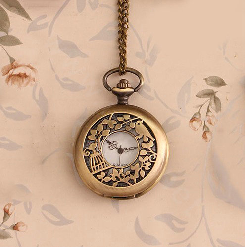 Retro Bird Pattern Bronze Pocket Watch Alloy DIY Phone Case Cover Deco Kit