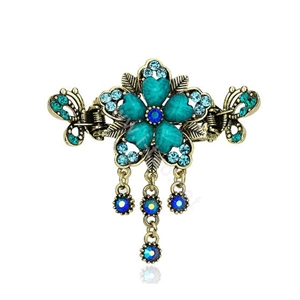 Vintage Sparkly Crystal Flower Gold Plated Metal Hair Barrette Clip Hair Accessory - Blue