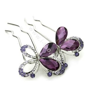 Elegant Hair Jewelry Rhinestone Crystal Butterfly Metal Hairpin Clip Comb - Purple