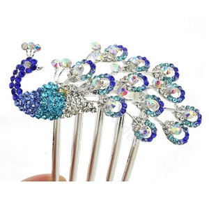 Elegant Hair Jewelry Rhinestone Crystal Peacock Metal Hairpin Clip Comb - Blue