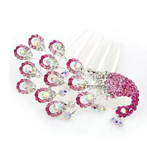 Elegant Hair Jewelry Rhinestone Crystal Peacock Metal Hairpin Clip Comb - Pink