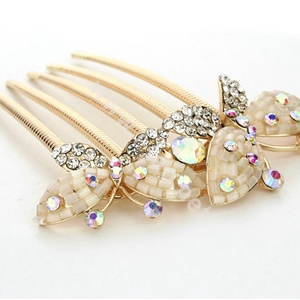 Hair Jewelry Crystal Rhinestone Butterfly Metal Hairpin Clip Comb Pin - Beige