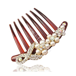 Hair Jewelry Crystal Rhinestone Pearl Bowknot Resin Hair Pin Comb Clip - Red