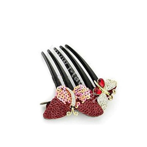 Hair Jewelry Crystal Rhinestone Sequins Butterfly Hair Pin Comb Clip - Red