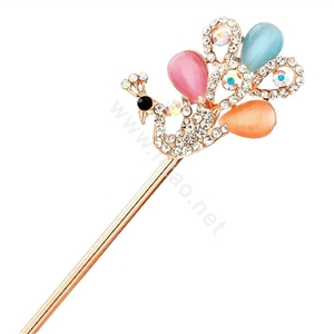 Peacock Rhinestone Crystal Hairpin Hair Clasp Clip Fork Stick - Multicolor