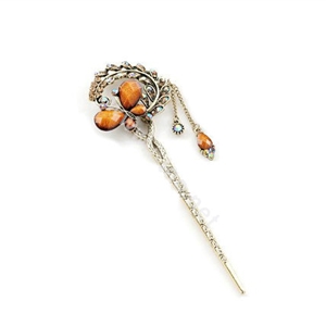 Retro Butterfly Crystal Rhinestone Hairpin Hair Clasp Clip Fork Stick - Coffee