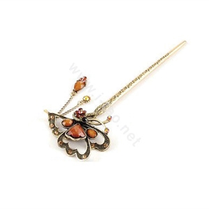 Retro Butterfly Tassel Rhinestone Crystal Hairpin Hair Clasp Clip Fork Stick - Coffee