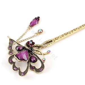 Retro Butterfly Tassel Rhinestone Crystal Hairpin Hair Clasp Clip Fork Stick - Purple