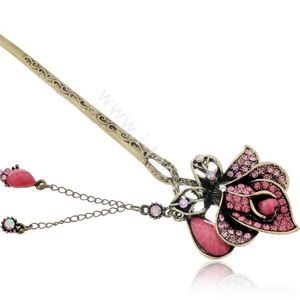 Retro Flower Crystal Rhinestone Hairpin Hair Clasp Clip Fork Stick - Rose